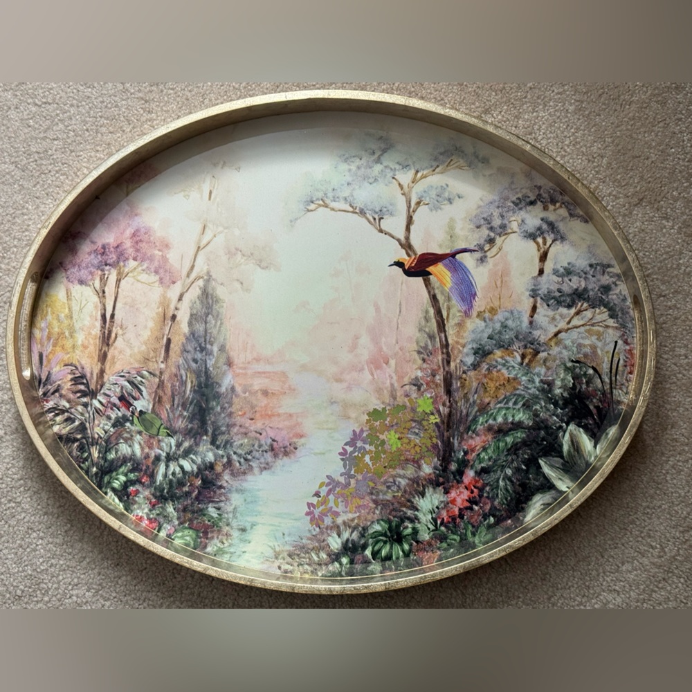 Anthropologie Gold and Multicolor Bird Alexandra Lacquer Tray 24"L X 18.5"W New - Picture 5 of 5